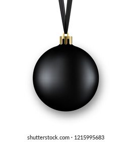 Black Christmas ball. Winter holidays realistic decoration.