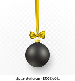 Black Christmas ball with yellow bow. Xmas glass ball on transparent background. Holiday decoration template. Vector illustration.