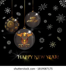 Black Christmas balls decorated with gold patterns on a dark background with silver snowflakes and the text HAPPY NEW YEAR