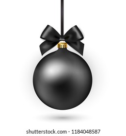 Black Christmas bauble with ribbon and bow on white background. Vector illustration.