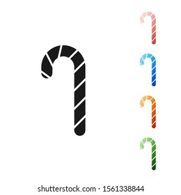 Black Christmas candy cane with stripes icon isolated on white background. Merry Christmas and Happy New Year. Set icons colorful. Vector Illustration