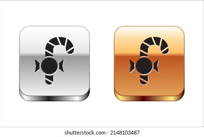 Black Christmas candy cane with stripes icon isolated on white background. Merry Christmas and Happy New Year. Silver-gold square button. Vector