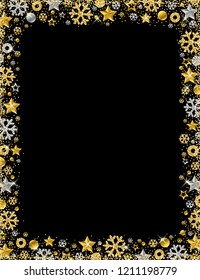 Black christmas card with  border of golden and silver glittering snowflakes and stars, vector illustration