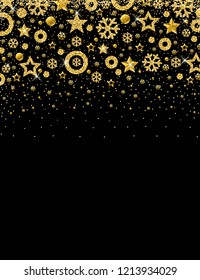 Black christmas card with  frame of golden glittering snowflakes and stars, vector illustration