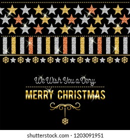 Black christmas card with golden and silver glittering snowflakes and stars, vector illustration