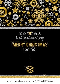 Black christmas card with golden and silver glittering snowflakes and stars, vector illustration