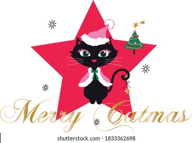 Black Christmas Cat merry Christmas vector illustration