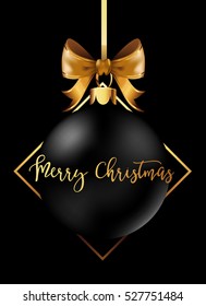 Black Christmas decoration ball with golden ribbon bow on black background. Vector Illustration.