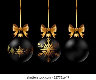 Black Christmas decoration balls collection on black background. Confetti backdrop design. Vector Illustration.