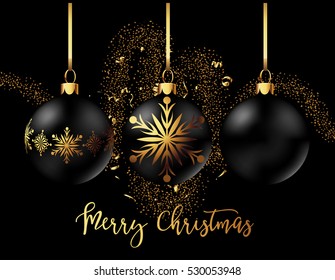 Black Christmas decoration balls collection on black background. Confetti backdrop design. Vector Illustration.