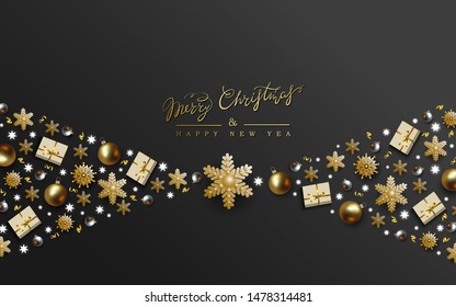 Black Christmas Design with Border made of Realistic Gold and Silver balls, Cutout Golden Foil Snowflakes and gift boxes. Luxury New Year and Christmas Greeting Card