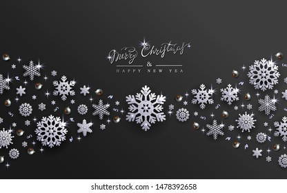 Black Christmas Design with Border made of Cutout White Foil Snowflakes and Realistic Silver balls. Luxury New Year and Christmas Greeting Card. Chic holiday background EPS10