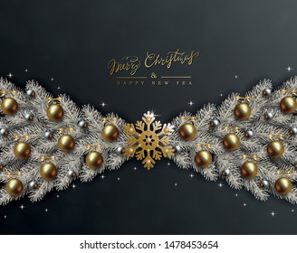 Black Christmas Design with Border made of Realistic Gold and Silver Balls, snowflake and Silvery Branches of Christmas Tree. Luxury New Year and Christmas Greeting Card EPS10