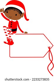 Black Christmas Elf blank gift name tag cute cartoon holiday elves vector illustration