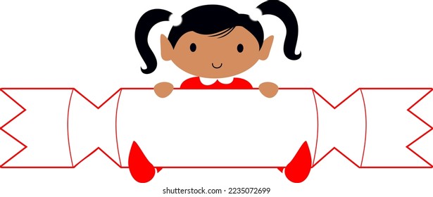 Black Christmas Elf with Cracker blank name label. Cute cartoon holiday elves vector illustration