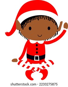 Black Christmas Elf cute cartoon holiday elves in Santa costume vector illustration