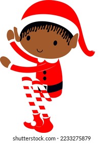 Black Christmas Elf cute cartoon holiday elves in Santa costume vector illustration