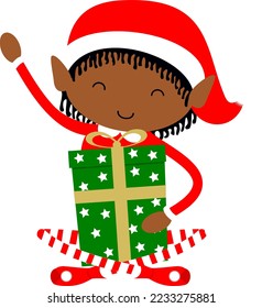 Black Christmas Elf cute cartoon holiday elves in Santa costume vector illustration