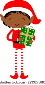 Black Christmas Elf cute cartoon holiday elves in Santa costume vector illustration