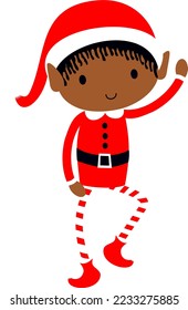 Black Christmas Elf cute cartoon holiday elves in Santa costume vector illustration