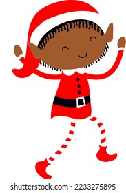 Black Christmas Elf cute cartoon holiday elves in Santa costume vector illustration