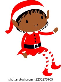 Black Christmas Elf cute cartoon holiday elves in Santa costume vector illustration