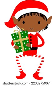 Black Christmas Elf cute cartoon holiday elves in Santa costume vector illustration