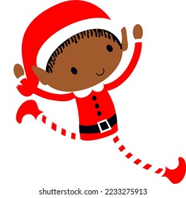 Black Christmas Elf cute cartoon holiday elves in Santa costume vector illustration