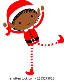 Black Christmas Elf cute cartoon holiday elves in Santa costume vector illustration