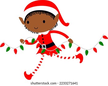 Black Christmas Elf with Fairy Lights cute cartoon holiday elves vector illustration