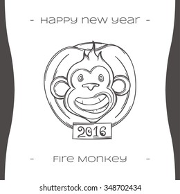 Black Christmas emblem with fiery monkey on a white background, hand-drawn
