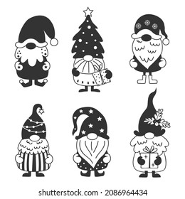 Black Christmas gnomes collection. Vector illustration for greeting cards, christmas invitations and scrapbooking