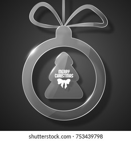 Black christmas holiday postcard with ball silhouette in glass style flat vector illustration