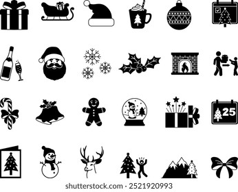 Conjunto de iconos de Navidades negras. Iconos vectoriales de regalo, nieve, sorpresa, Santa, champán, hombre de jengibre, chocolate caliente, campanas, muñeco de nieve, ciervos, trineo y más