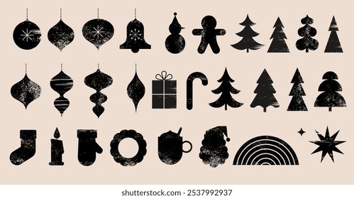 Black Christmas icons and abstract shapes collection. Set of geometric hand drawn elements, minimalist Christmas decorations, trees, gift boxes, Santa Claus and ornaments elements. Hand drawn modern