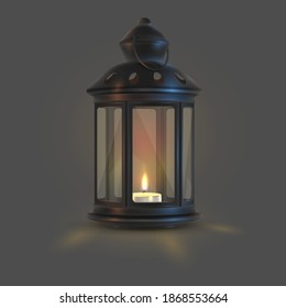 Black Christmas lantern, lamp with tealight and glass on dark background. Look like 3d rendering. Happy New Year illustration for greeting card, banner, decor, design, party. 