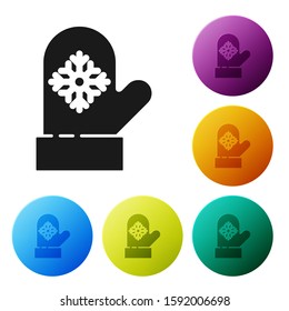 Black Christmas mitten icon isolated on white background. Set icons colorful circle buttons. Vector Illustration