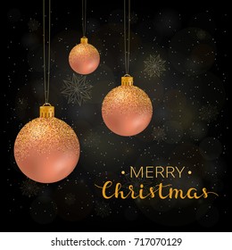 Black Christmas and New Year background with pink gold glossy balls, sparkles, lettering.