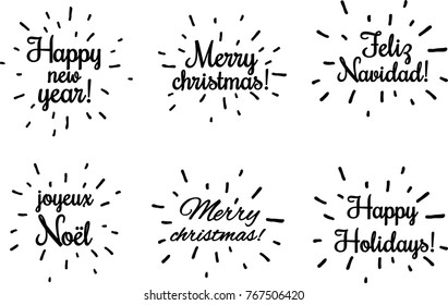 Black Christmas and New year lettering on white, French, Spanish. Vector paper illustration.
