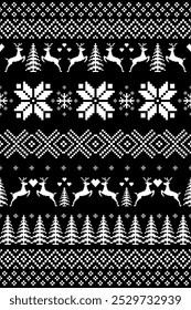 Black Christmas and New Year. Black and white seamless ethnic pattern. Christmas ethnic pixel pattern with Nordic flowers, snowflakes, hearts, reindeers and pine trees for winter hats and jumpers.