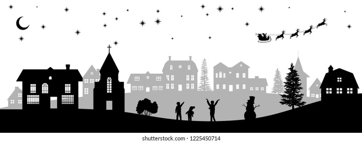 Black christmas panorama. Silhouettes of kids looking at Santa's sleigh. Celebration scene. Isolated village landscape. Holidays graphic. Vetor illustration