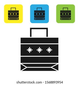 Black Christmas paper shopping bag icon isolated on white background. Package sign. Merry Christmas and Happy New Year. Set icons colorful square buttons. Vector Illustration