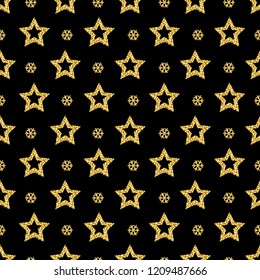 Black Christmas pattern background with golden glittering snowflakes and stars,  vector illustration