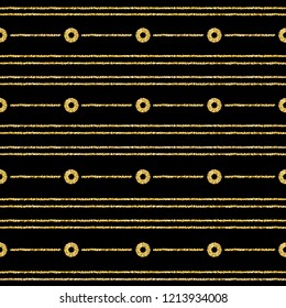 Black Christmas pattern background with golden glittering circles and lines, vector illustration