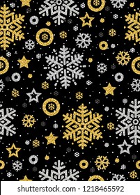 Black Christmas pattern background with golden glittering snowflakes and stars,  vector illustration