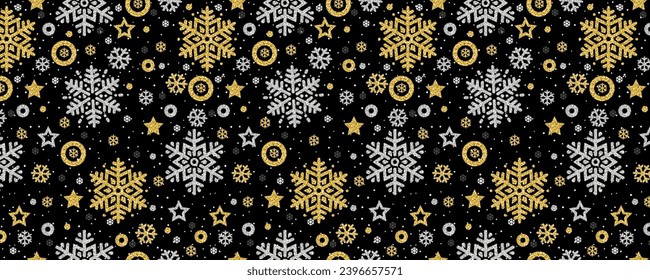 Schwarzer Weihnachtsmusterhintergrund mit goldenen und silberfarbenen Schneeflocken und Sternen. Frohe Weihnachten und Frohe Neujahr Grußbanner. Horizontale neue Jahreshintergründe, Kopfzeilen, Website. Vektorgrafik 