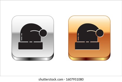 Black Christmas Santa Claus hat icon isolated on white background. Merry Christmas and Happy New Year. Silver-gold square button. Vector Illustration