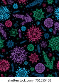 Black Christmas seamless pattern background with color snowflakes and stars,  vector illustration