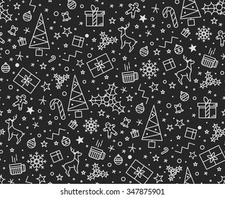 Black Christmas seamless pattern for gift wrapping for cards for the holidays. Easy style in one line, hipster style.