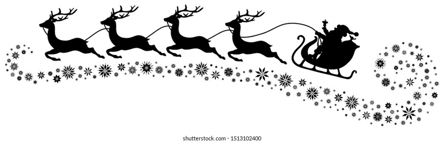 Black Christmas Sleigh Santa And Four Flying Reindeers Snowflakes Below